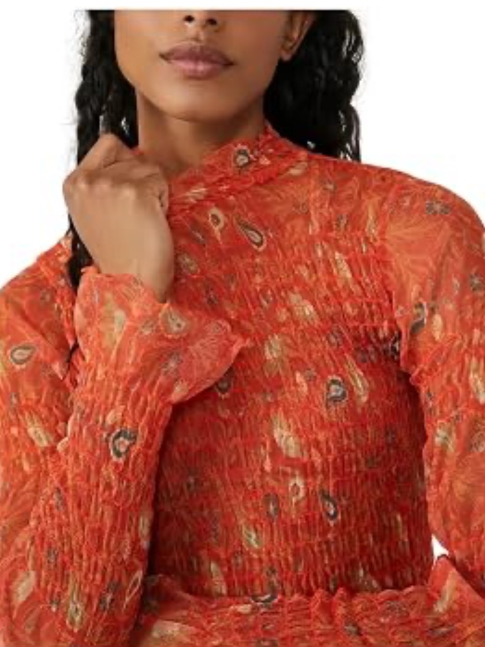 Free People Orange Paisley Smocked Long Sleeve Tee